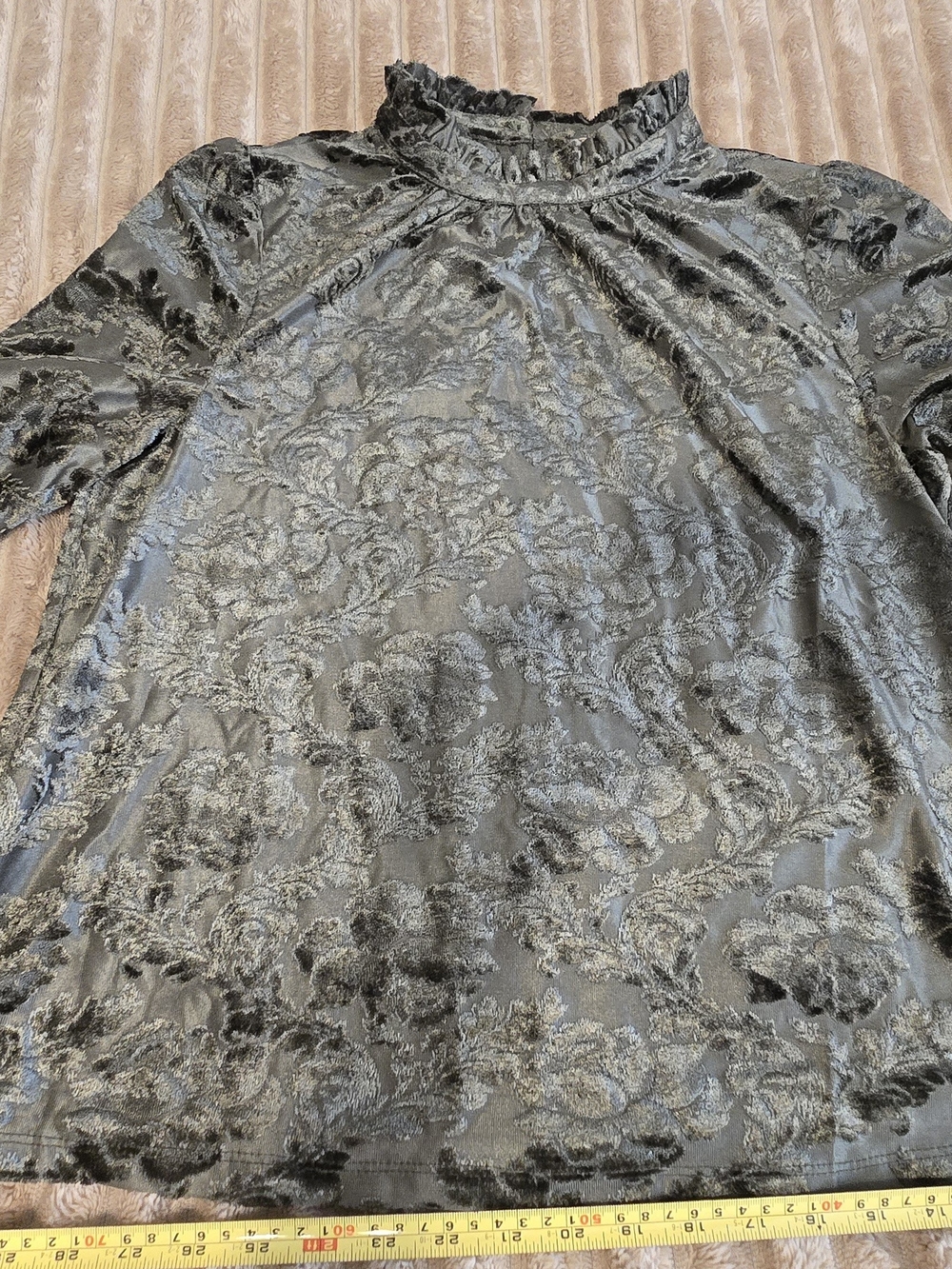 Women’s Deep Olive Green Floral Velvet Jacquard Ruffle Neck Top L
